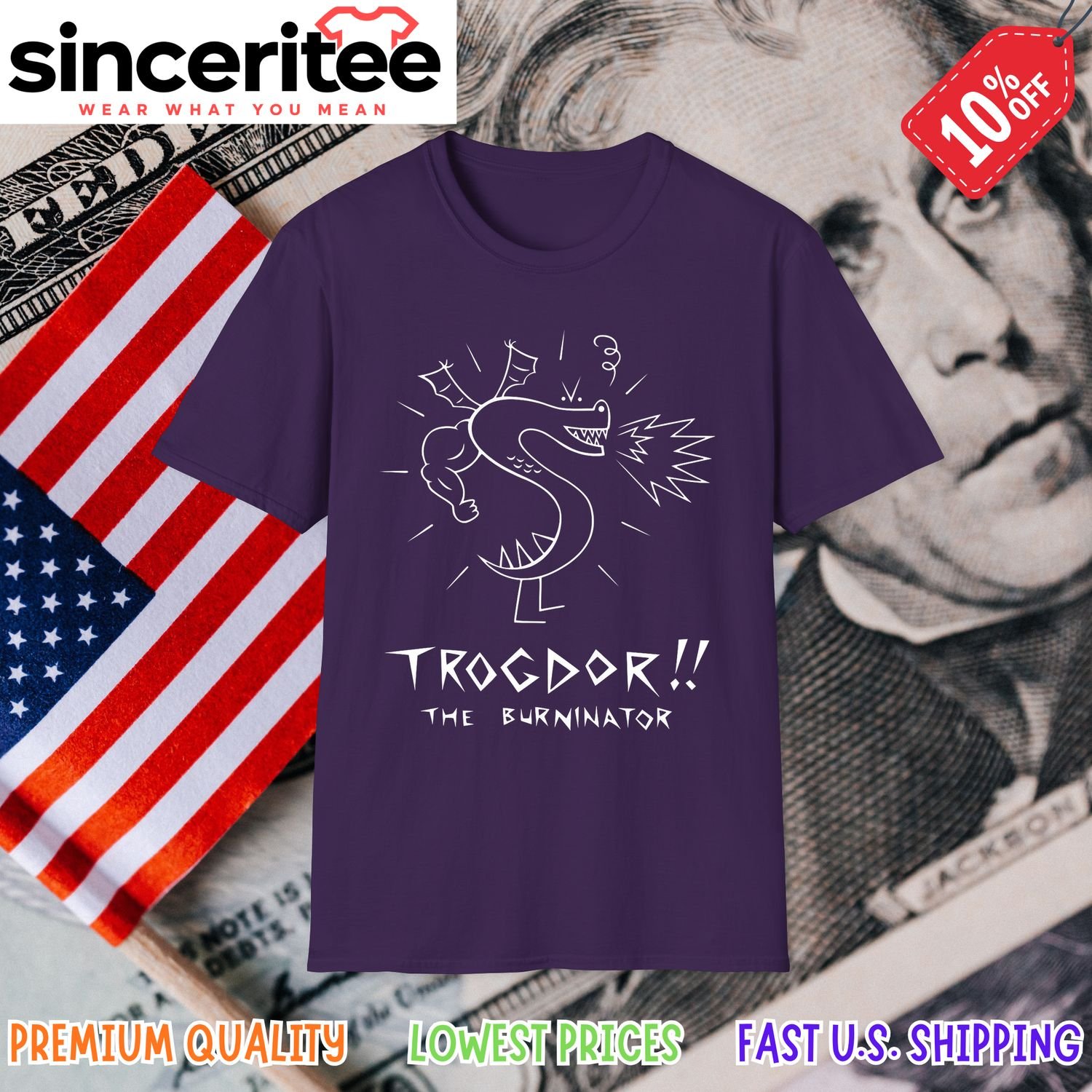T-shirt with Homestar Runner Trogdor and Strong Bad in Purple