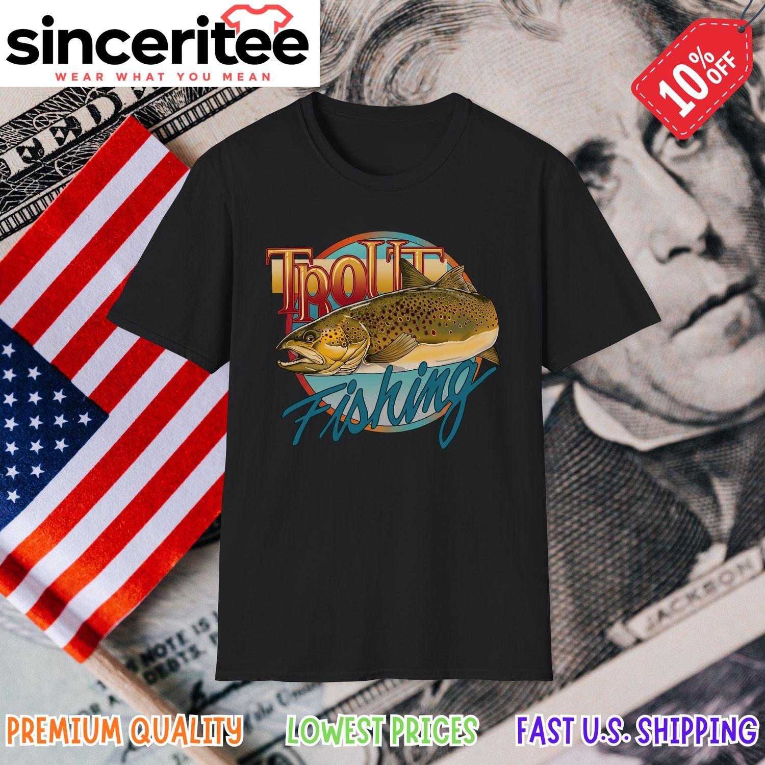 Trout and fishing-themed t-shirt in Black