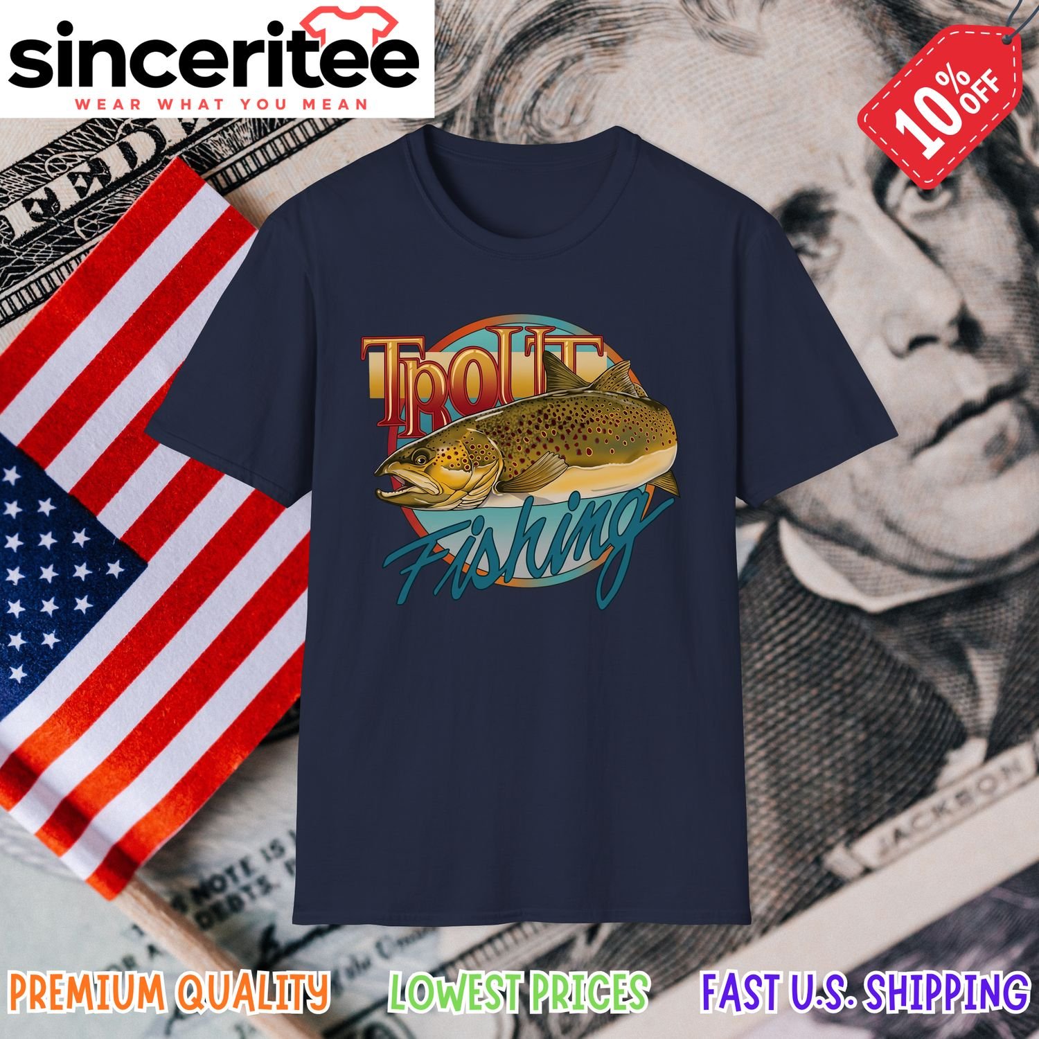 Trout and fishing-themed t-shirt in Navy