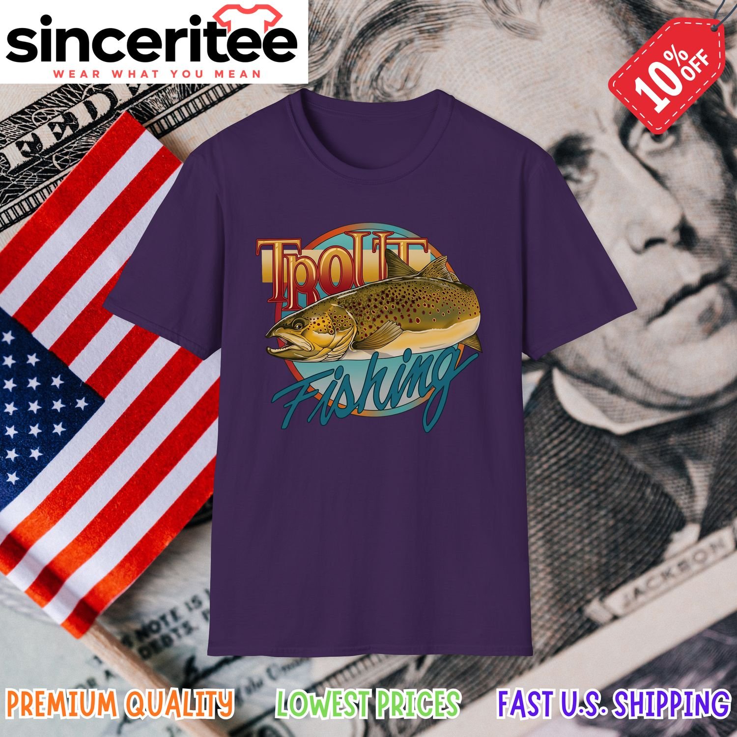 Trout and fishing-themed t-shirt in Purple
