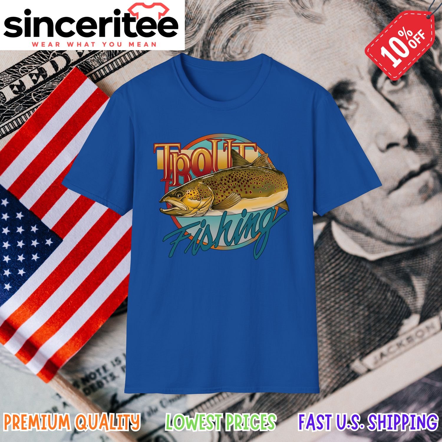 Trout and fishing-themed t-shirt in Royal Blue