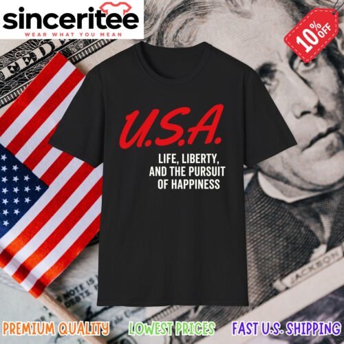 Patriotic t-shirt with life liberty and happiness quote in Black