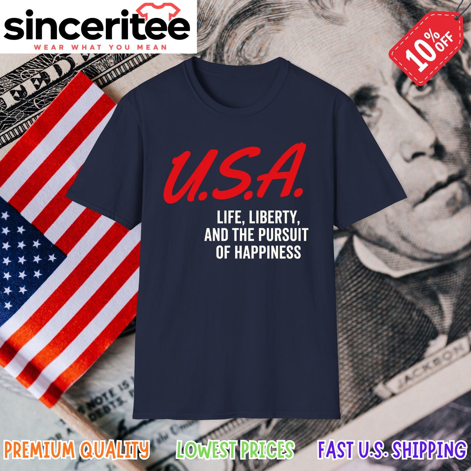 Patriotic t-shirt with life liberty and happiness quote in Navy