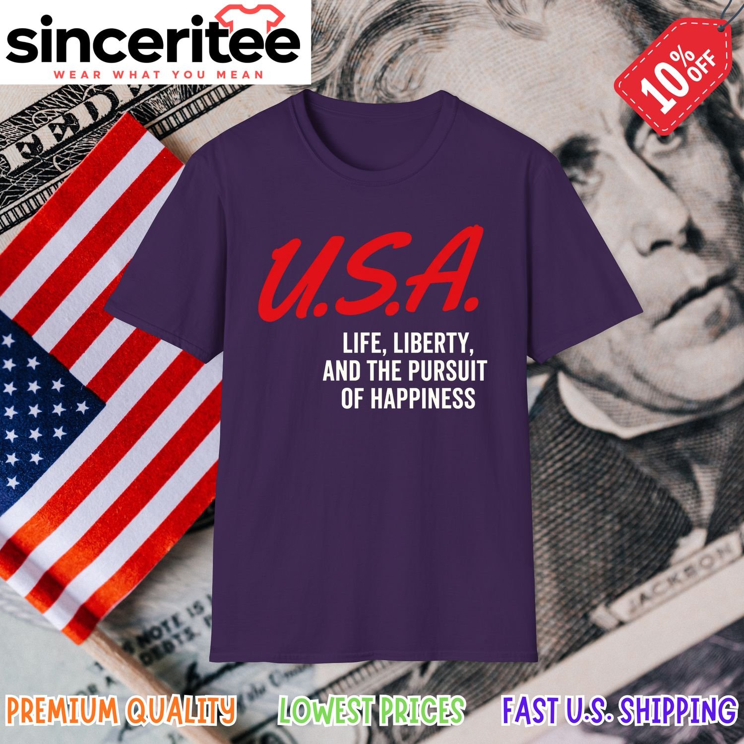 Patriotic t-shirt with life liberty and happiness quote in Purple