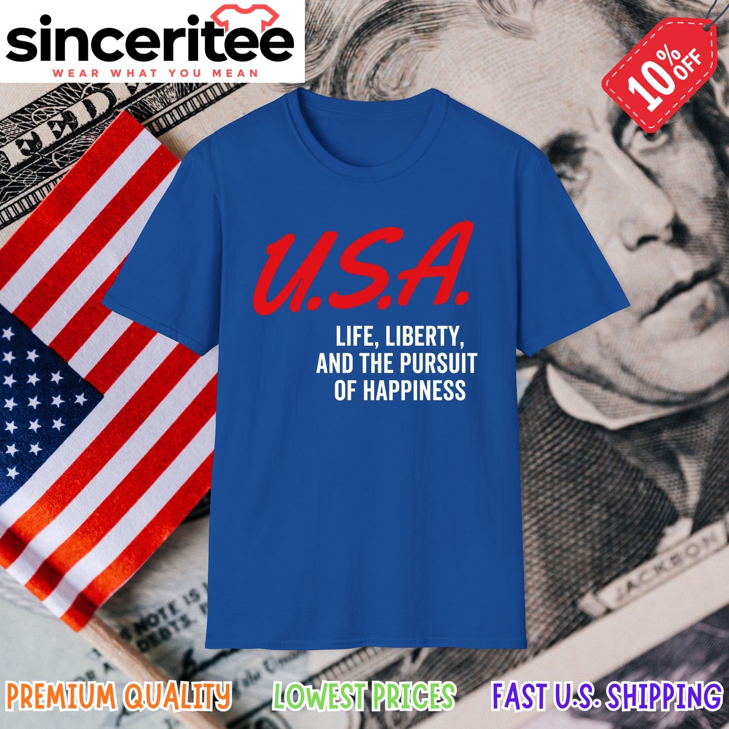 Patriotic t-shirt with life liberty and happiness quote in Royal Blue