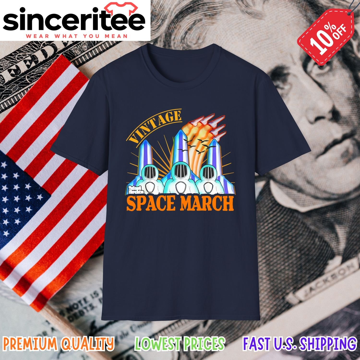 Vintage space t-shirt with astronauts and rockets in Navy