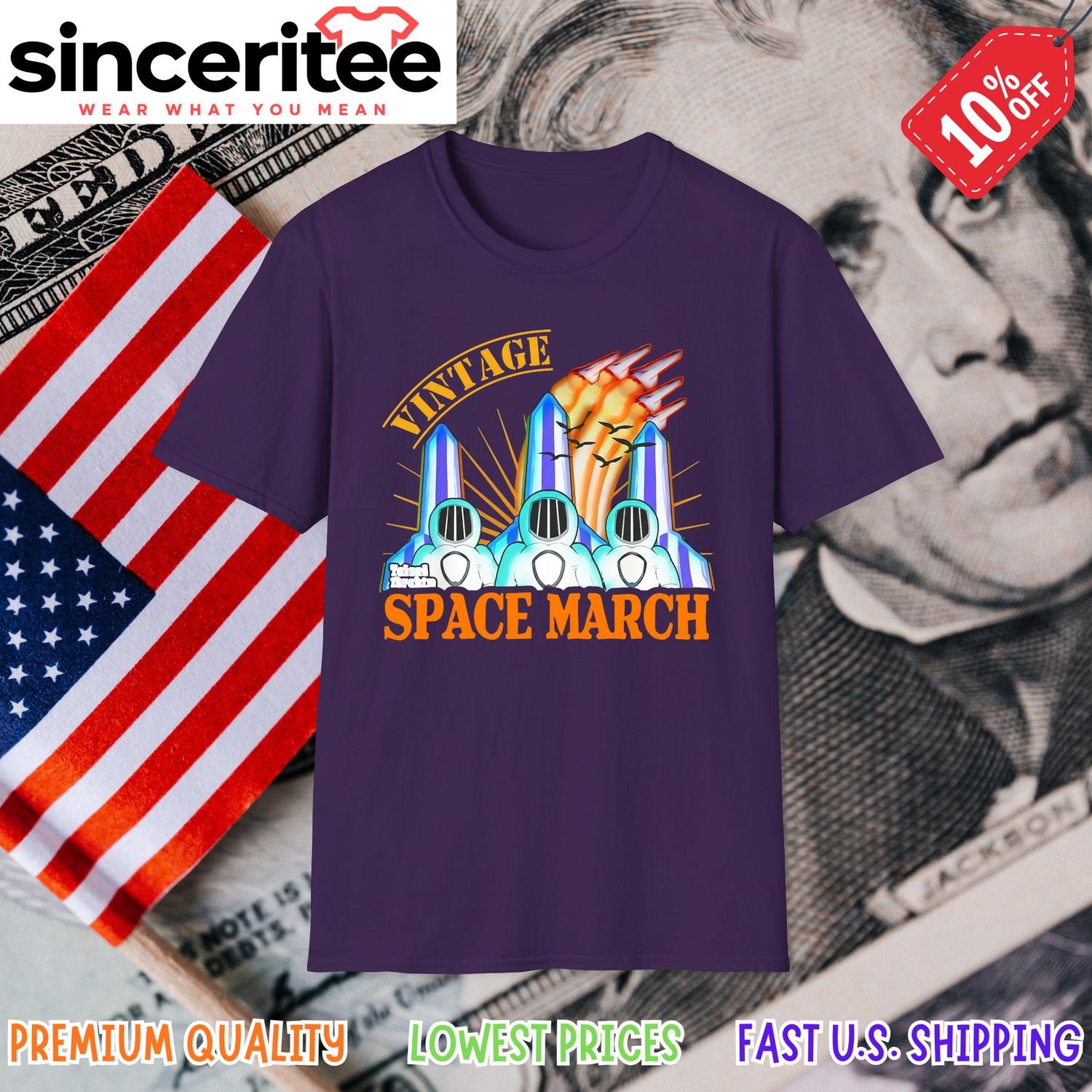 Vintage space t-shirt with astronauts and rockets in Purple