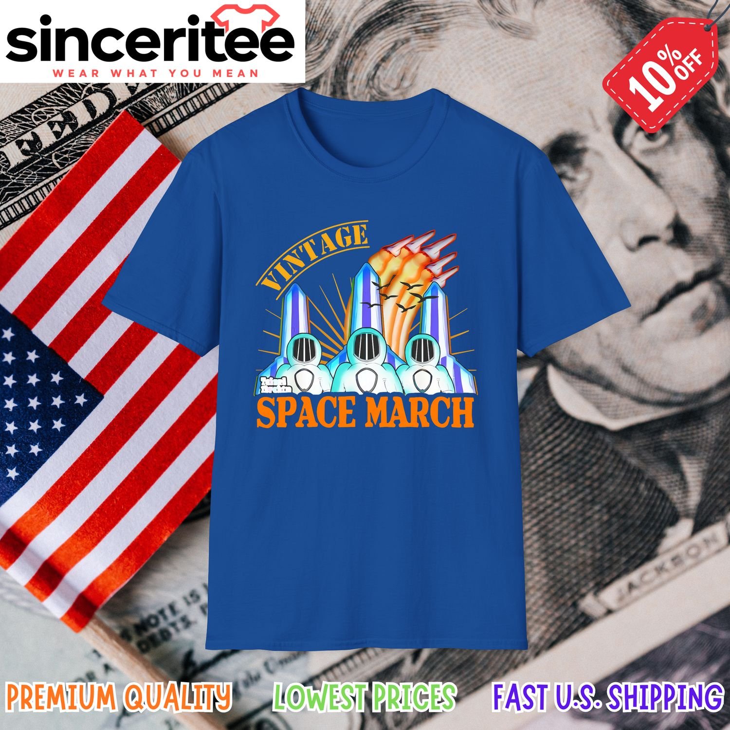 Vintage space t-shirt with astronauts and rockets in Royal Blue