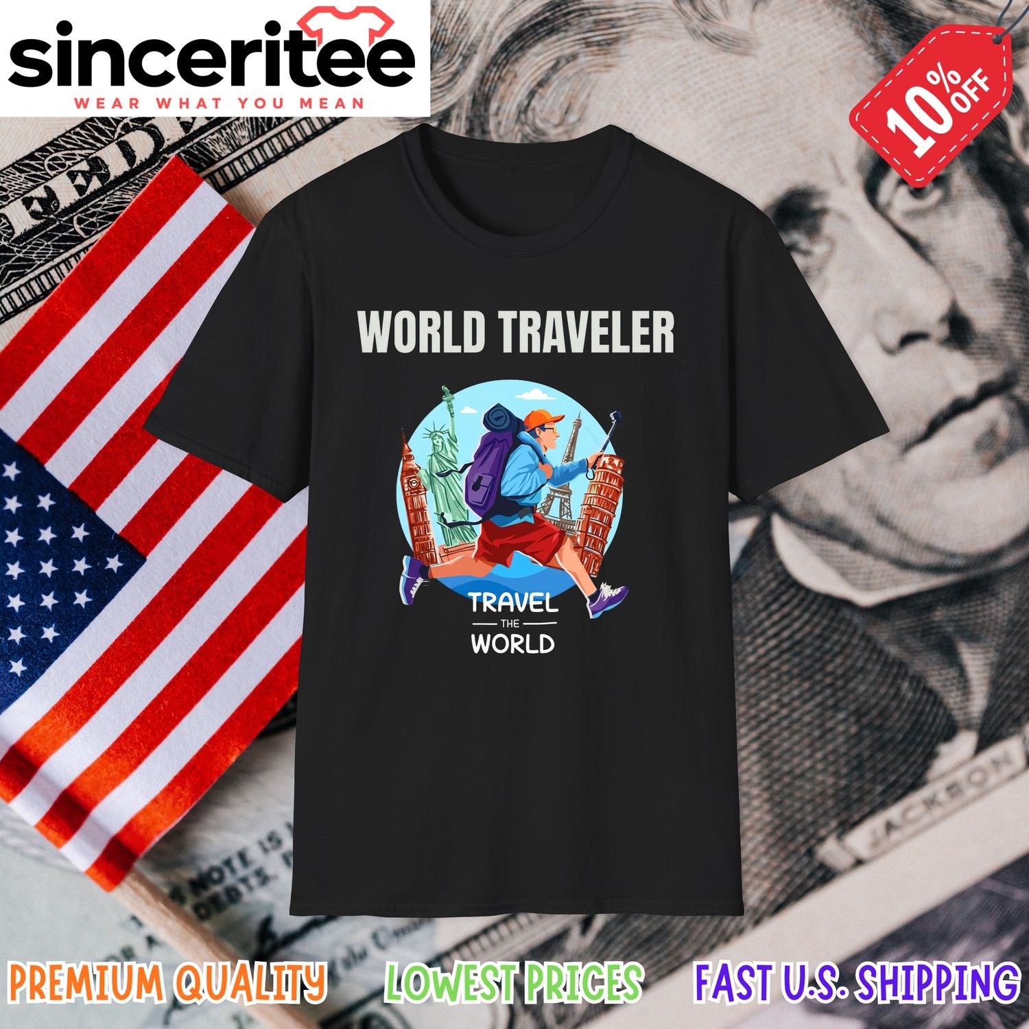 Travel the World t-shirt with landmarks in Black