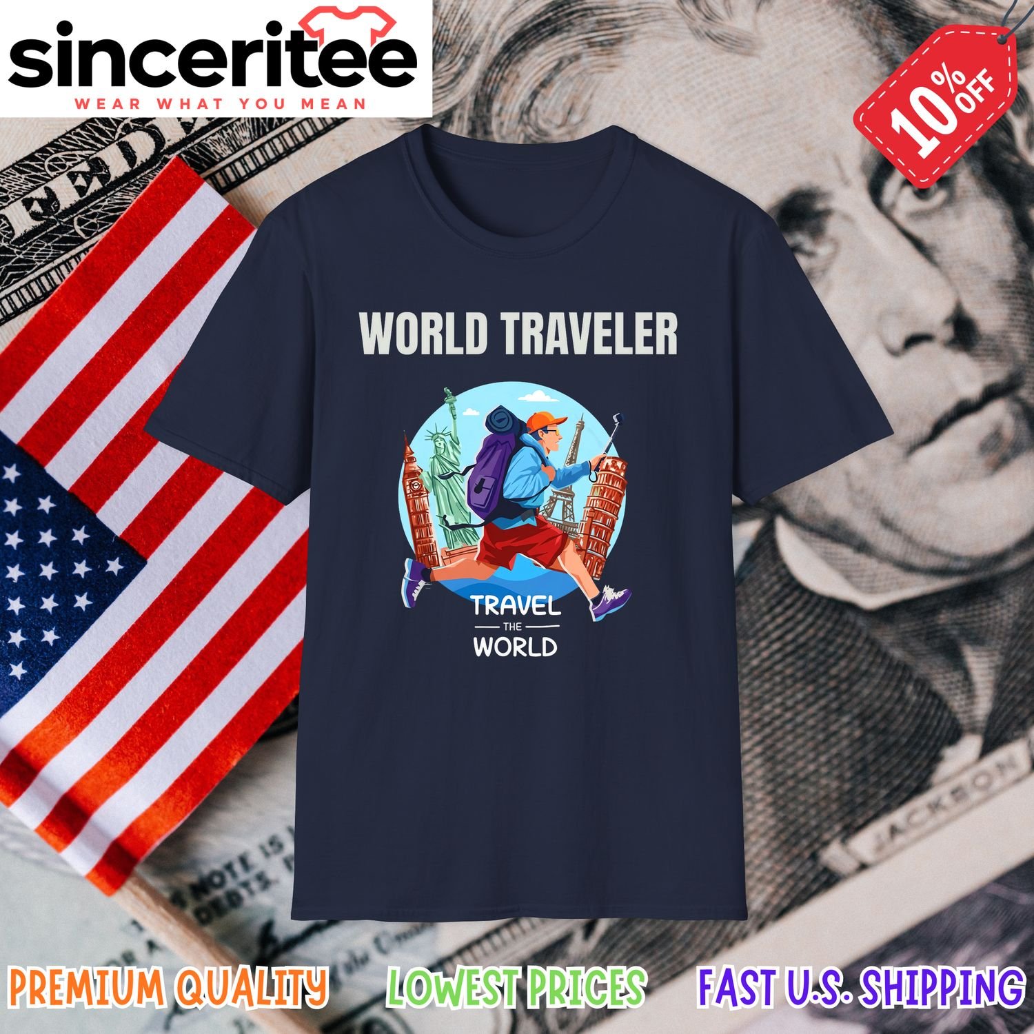 Travel the World t-shirt with landmarks in Navy