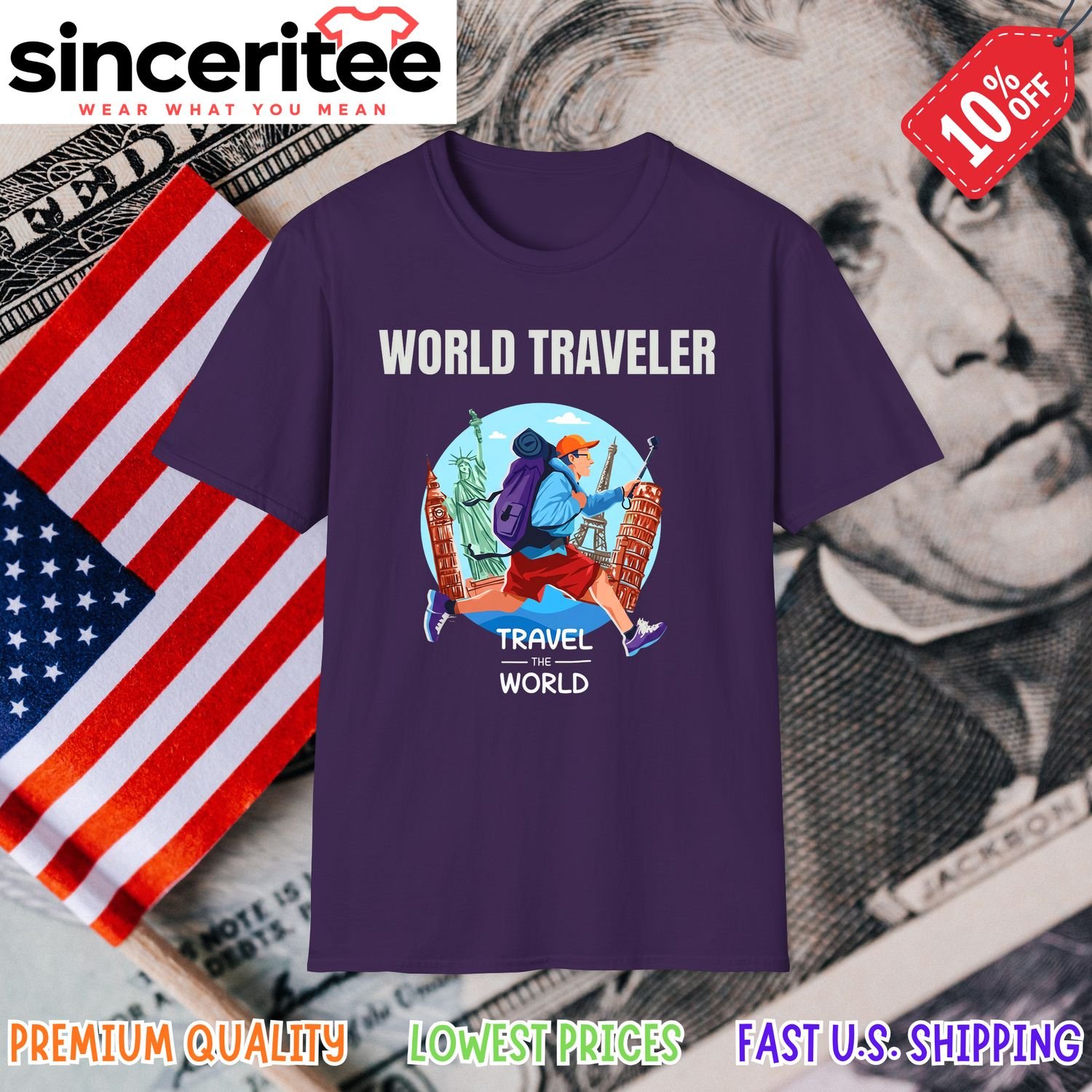 Travel the World t-shirt with landmarks in Purple
